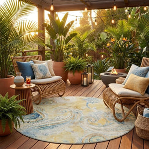 8 Ft Round Paisley Polyester Area Rug Washable Gold Mint Bohemian Indoor Outdoor