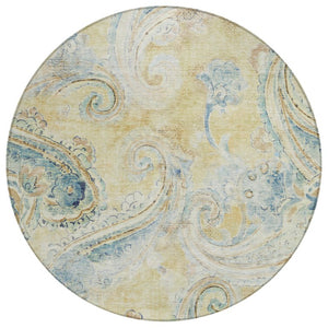 HomeRoots 8 Ft Round Paisley Polyester Area Rug Washable Gold Mint Bohemian Indoor Outdoor 739994