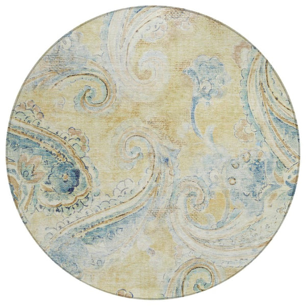 HomeRoots 8 Ft Round Paisley Polyester Area Rug Washable Gold Mint Bohemian Indoor Outdoor 739994