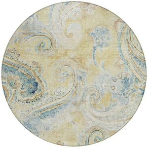 8 Ft Round Paisley Polyester Area Rug Washable Gold Mint Bohemian Indoor Outdoor