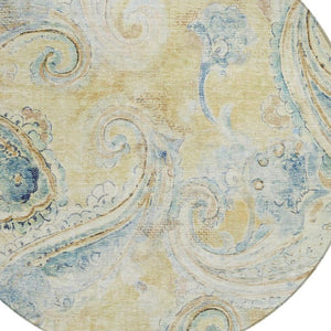 8 Ft Round Paisley Polyester Area Rug Washable Gold Mint Bohemian Indoor Outdoor