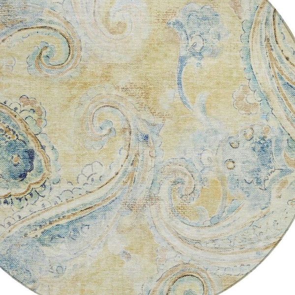 8 Ft Round Paisley Polyester Area Rug Washable Gold Mint Bohemian Indoor Outdoor
