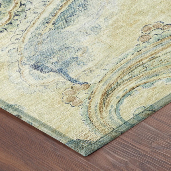 8 Ft Round Paisley Polyester Area Rug Washable Gold Mint Bohemian Indoor Outdoor