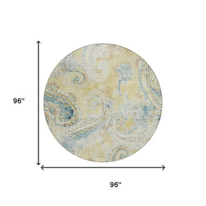8 Ft Round Paisley Polyester Area Rug Washable Gold Mint Bohemian Indoor Outdoor