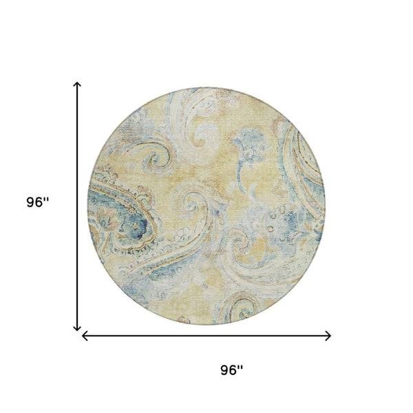 8 Ft Round Paisley Polyester Area Rug Washable Gold Mint Bohemian Indoor Outdoor