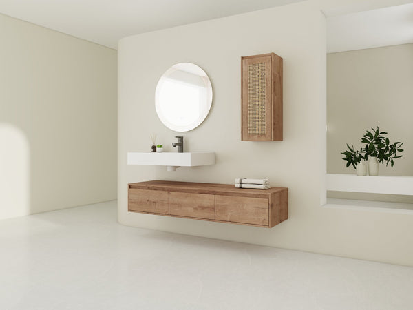 English Elm 60 Inch Wall-Mounted Bathroom Vanity Set With Resin Sink, Soft-Close Drawers & Side Cabinet Storage W999S00357