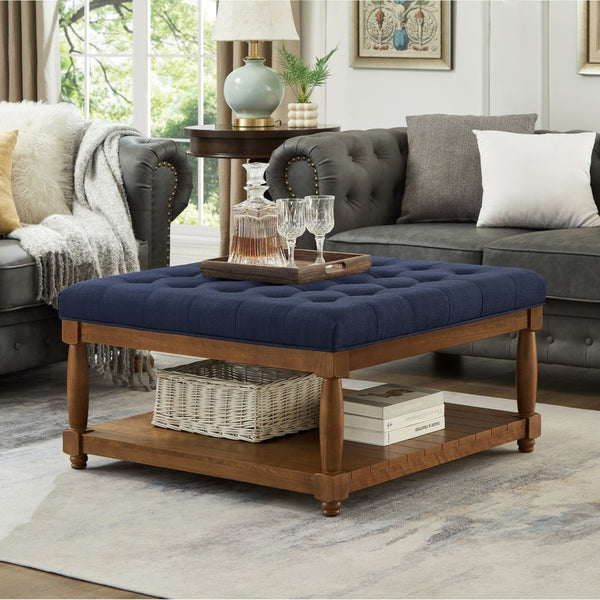 English Elm Large Square Tufted Ottoman with Wood Shelf Upholstered Footrest for Living Room Navy Blue W2186P204185