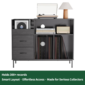English Elm Record Player Stand with Vinyl Storage Mid-century Wood Console for Living Room T2398P438827