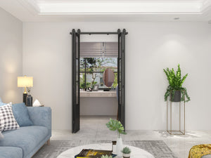 English Elm 30 in Matte Black Steel Sliding Barn Door Frosted Glass Privacy Panel with Hardware B2763P483213