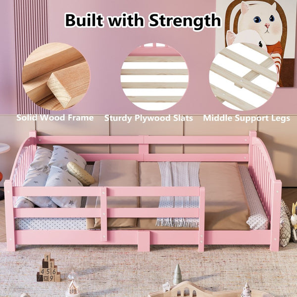 English Elm Twin Montessori Floor Bed Solid Pine Frame with Safety Guardrails for Kids Bedroom Pink N733P400298H