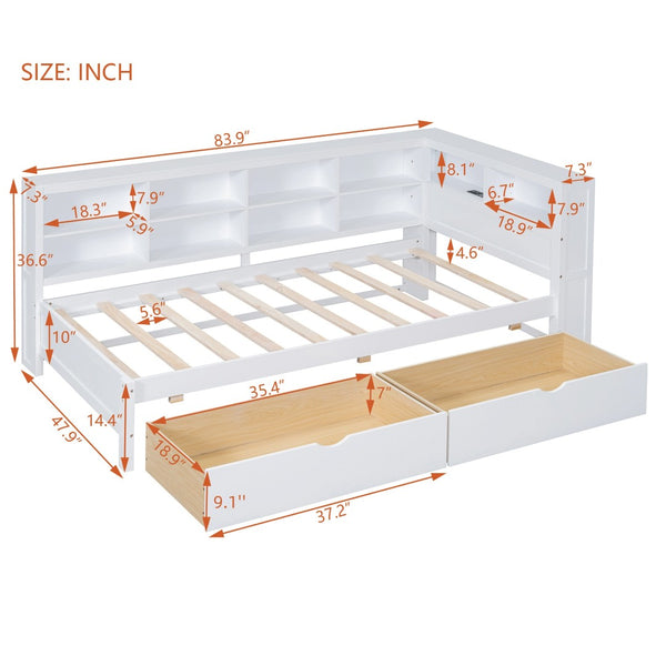 English Elm Wooden Twin Daybed with Storage Drawers Usb Charging Shelf and Pine Frame White N733S347768K