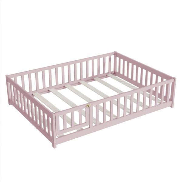 English Elm Twin Solid Rubberwood Floor Bed with Full Perimeter Safety Rails for Toddler Rooms Pink W504P296791