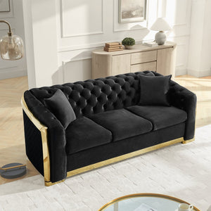 English Elm 84" Velvet Tufted Chesterfield Sofa Mid Century Three Seat Gold Trim Living Room Black W1191S00112