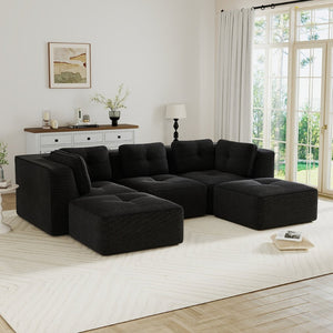 English Elm Modern Corduroy U-shaped Sectional with Tufted Cushions Deep Seat and Movable Ottomans Black W714S01791