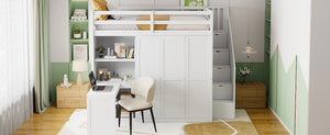 English Elm Full Size Loft Bed with Wardrobe Desk and Shelving for Modern Teen Bedroom White LT000679AAK-1