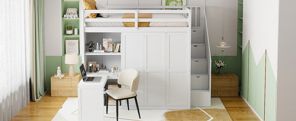 English Elm Full Size Loft Bed with Wardrobe Desk and Shelving for Modern Teen Bedroom White LT000679AAK-1