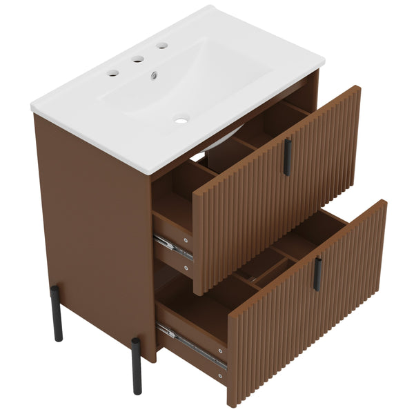 English Elm Christopher Knight Home® - 30" Elegant Freestanding Bathroom Vanity With Glossy Ceramic Sink, Soft-Close Drawers & Fluted Design N817P288931D