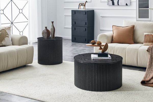 English Elm 2-piece Nesting Round Tables Roman Column Base with Storage Black Wood Grain Living Room W3875P396796