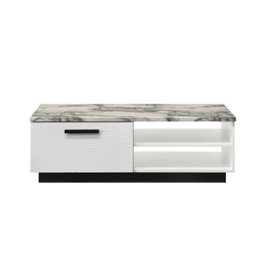 English Elm 47"w Faux Marble Coffee Table with Black Base Drawer and Open Shelf for Living Room B016P416195