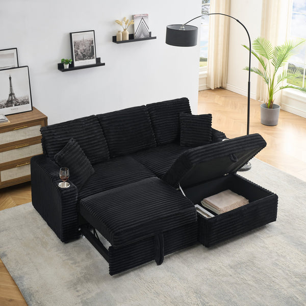 English Elm 80" Corduroy Multi-Function Sofa with Hidden Recliner, Space-Saving Design, Armrests, Cup Holders, Removable Footstool Black W3356S00017