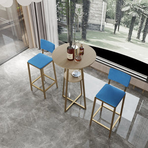 English Elm Bar Table and Chair Set Gold Frame Blue Velvet Cushions with Built-in Storage Shelf W3064P245389