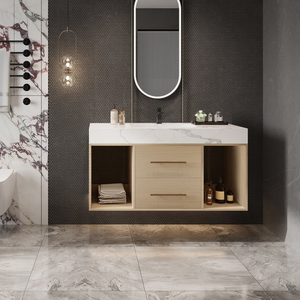 English Elm 39.4 Inch Floating Bathroom Vanity Sintered Stone Top Solid Wood 2 Soft Close Drawers W3136S00030
