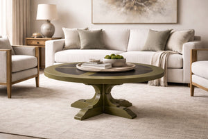 English Elm Round Hickory Veneer Cocktail Table with Cement Inlay Pedestal Base for Living Rooms Green+Dark Green B2699P447484