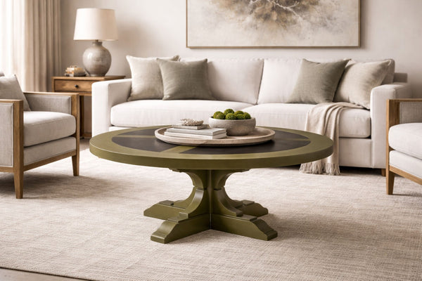 English Elm Round Hickory Veneer Cocktail Table with Cement Inlay Pedestal Base for Living Rooms Green+Dark Green B2699P447484