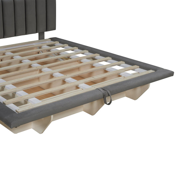 English Elm Queen Upholstered Floating Bed with LED Lighting, Hydraulic Lift, 4 Storage Drawers, Velvet Luxury Gray SF000132AAE