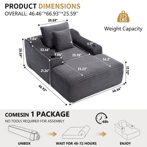 English Elm 67" Corduroy Oversized Chaise Sleeper Sofa Deep Seat Boneless Lounge with Cup Holder Pillows Dark Grey W1803P409258
