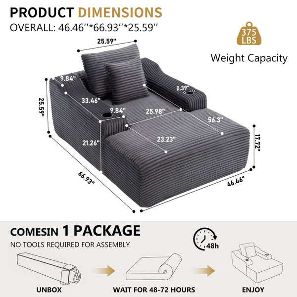English Elm 67" Corduroy Oversized Chaise Sleeper Sofa Deep Seat Boneless Lounge with Cup Holder Pillows Dark Grey W1803P409258