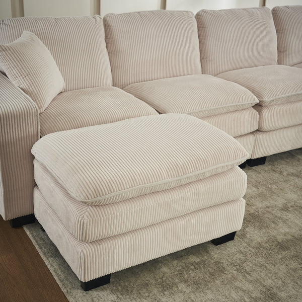 English Elm Modern U Shaped 6-Seat Sectional Sofa with Ottoman and 3 Toss Pillows, Corduroy Modular Comfort and Durable Frame White W2363S00039