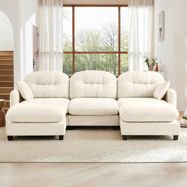 English Elm Modular U-Shaped Sectional Couch With Ottoman, Premium Chenille, Tufted Backrest, 2 Pillows, Beige W714S01369