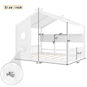 English Elm Full House Floor Bed with Roof Playhouse Design, Montessori Style with Rear Storage Shelf, Sturdy Pine White 78.5 L x 16.35 W x 8 H N733P335068K