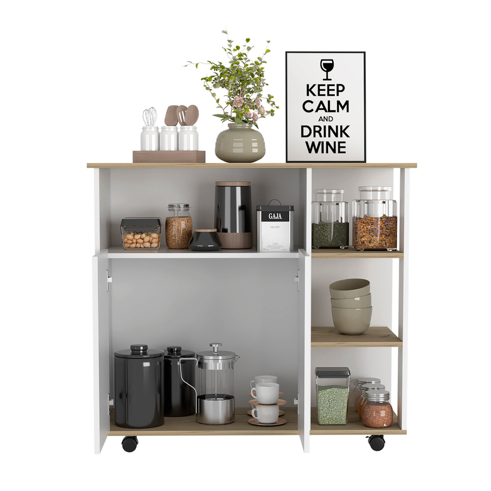 English Elm Kitchen Cart Mobile 35" H with Locking Casters, Countertop, Double-Door Cabinet & 4 Open Shelves B097133180