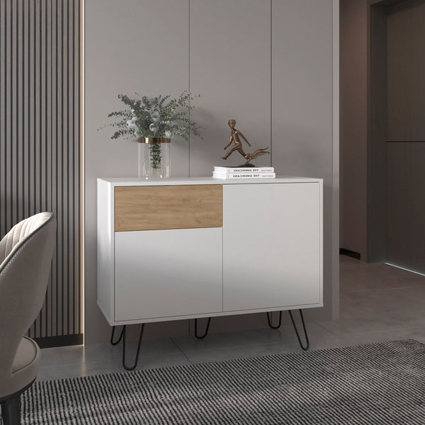 English Elm Sideboard, White & Natural Oak Finish with 2 Doors 1 Drawer 4 Shelves Durable Engineered Wood Storage Elegance B097P296818