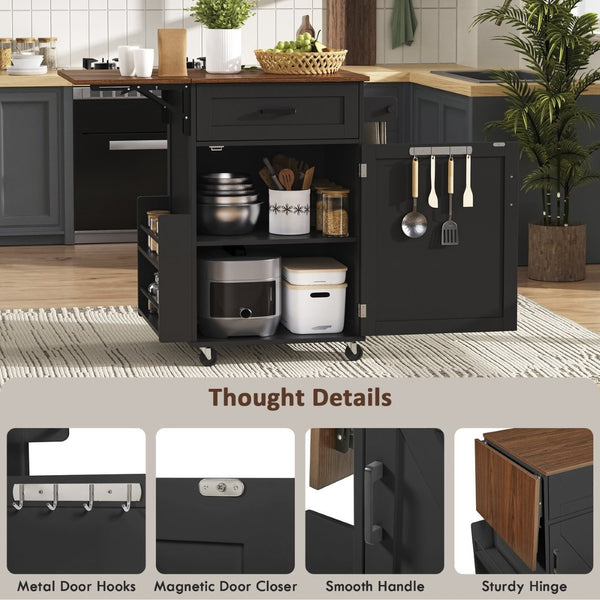 English Elm K&k Farmhouse Rolling Kitchen Cart with Drop Leaf Drawer Open Rack Lockable Wheels Black N707P404539B