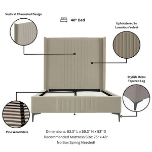 English Elm 48" Full Velvet Upholstered Bed Channel Tufted Headboard Mid-century Modern Bedroom Taupe B365S00158