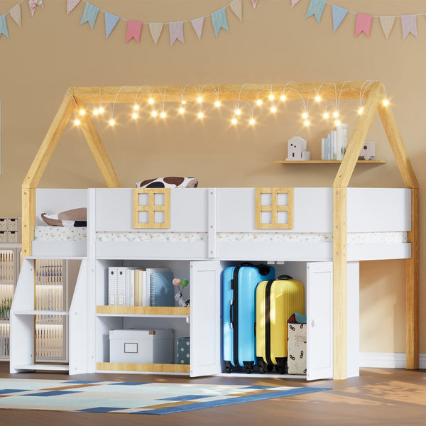 English Elm Twin-size Pine Low Loft Bed with House Canopy Step Stairs Storage Cabinet Led Lights N7090005032K