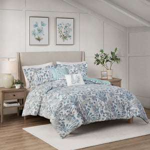 Madison Park Bonnie Casual 5 Piece Botanical Floral Seersucker Duvet Cover Set MP12-8294 Blue