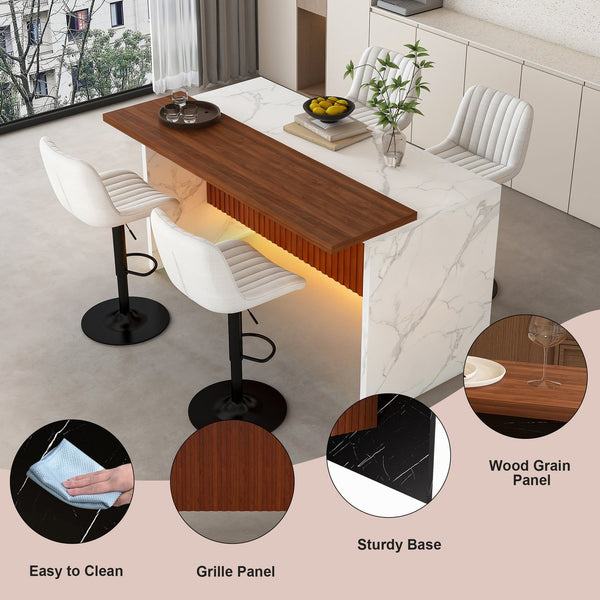 English Elm 63" Modern Kitchen Island Set With 4 Beige Bar Stools, Led Lighting & Walnut Accents For Style W2699S00076