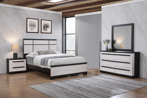 English Elm 1Pc Contemporary King Panel Bed With Geometric Headboard - Chalk Ebony Finish For Modern Decor B2741S00405