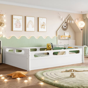 English Elm Twin Low Profile Floor Bed with Guardrails Pine Wood Frame Minimalist Bedroom White W1580P438792