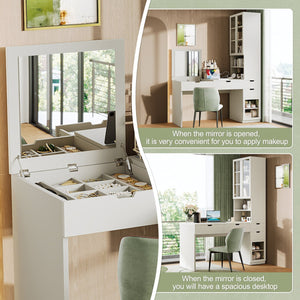 English Elm Versatile Makeup Vanity Desk with Mirror, Built-In Charging Station, 8 Hidden Storage Spaces, White N733S291664K