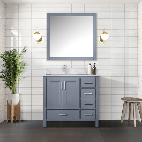 English Elm Dark Grey Bath Vanity Set With Carrara Marble Top, Chrome Faucet & Coordinated 34" Mirror Included B2731S01260