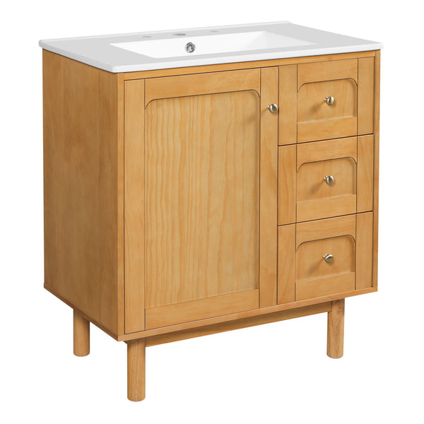 English Elm 30 Inch Bathroom Vanity with Ceramic Sink, Grey Farmhouse Cabinet w/3 Soft-Close Drawers & Storage N710P333972P