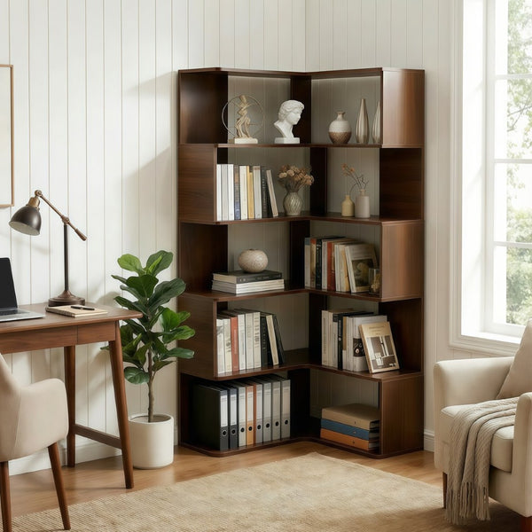 English Elm 6 Tier Corner Bookcase Tall L Shaped Walnut Mdf Open Shelving Unit for Home Office W3204P442028
