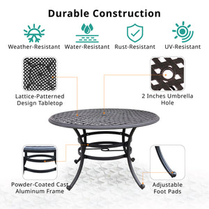 English Elm Round Dining Table Espresso Brown – Halston 49" Aluminum Patio Table for 4 with Umbrella Hole, Weather-Resistant Elegance ABQ-AHF-LD7289A-49