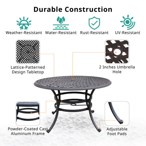 English Elm Round Dining Table Espresso Brown – Halston 49" Aluminum Patio Table for 4 with Umbrella Hole, Weather-Resistant Elegance ABQ-AHF-LD7289A-49