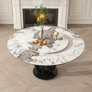 English Elm 53" Round Sintered Stone Dining Table With Lazy Susan, Black Steel Base - Stylish & Durable Design W2699S00040